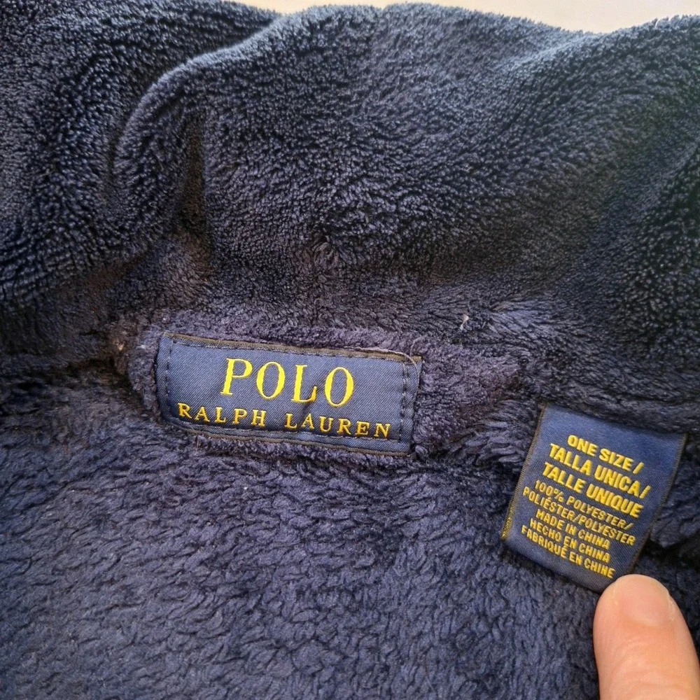 Polo Ralph Lauren Robe Men One Size Navy Blue Fleece Yellow Pony Logo Loungewear